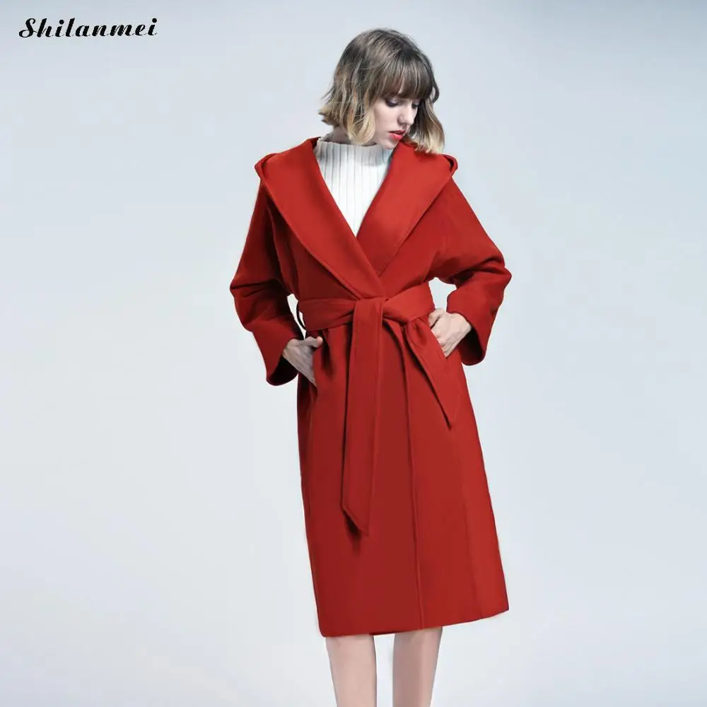 

Fashion 2018 Belt Wool Blend Coat Women Long Sleeve Hoody Outwear Jacket Causal Autumn Winter Lady Elegant Long Overcoat Casaco