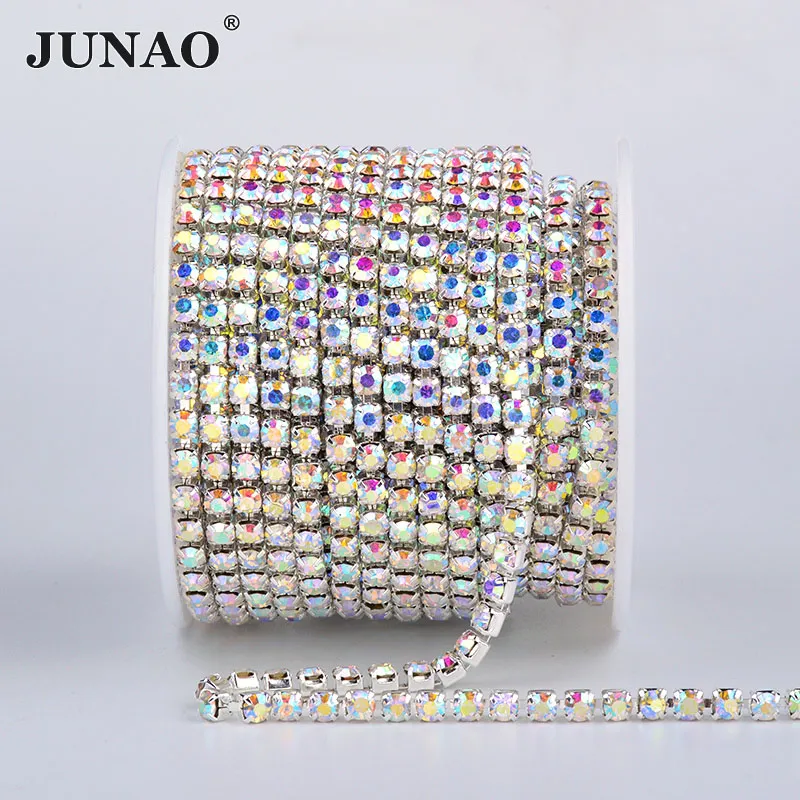 JUNAO SS6 SS10 SS16 SS18 Швейные серебряные стеклянные стразы, отделка цепи AB хрустальные камни аппликация плотная окантовка стразами для одежды