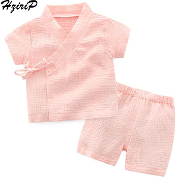 

HziriP 2018 New Class A Quality Cotton Crepe Pants Set Baby Two Piece Set Thin Section V-Neck Baby Solid Short Belt Clothes