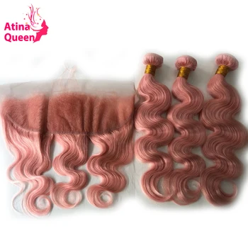 

Brazilian Body Wave Hair Bundles with Frontal Pink 13x4 Ear to Ear Lace Closure with Baby Hair Remy Human Hair Weave Atina Queen