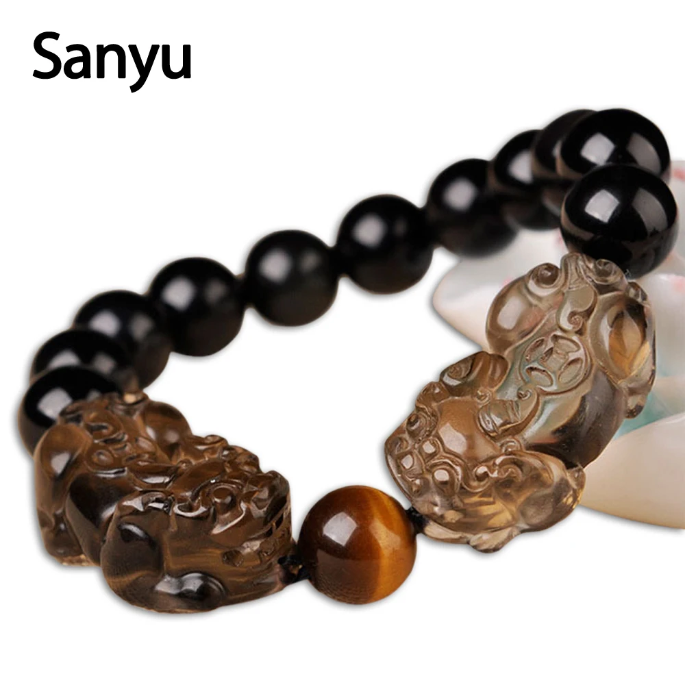 

New Arrival Natural Obsidian Beads Bracelet PIXIU Gold Color Bangles Jewelry Bring Lucky Brave Jewelry Women Men Fashion Jewelry