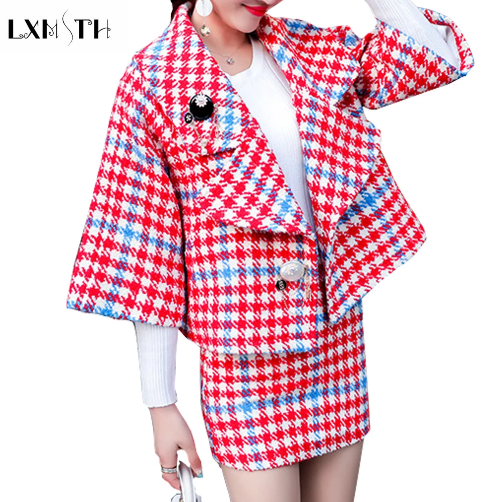 De Ensemble Bas Courte Mini Vestes Et Mode Vers Printemps Zipper Lxmsth Sexy Rouge Tournent 2019 Jupe Antumn Tweed rose gris Plaid Le Jupes Femmes EqdaPY