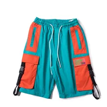 Японский Харадзюку цвет блок ленты брюки карго шорты для мужчин городские мальчиков уличная Drawstring хип хоп Короткие брюки плюс размер m-xxl