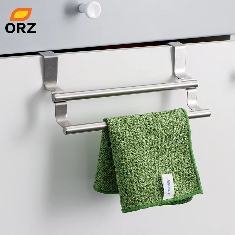 ORZ Kitchen Cabinet Towel Rack Stainless Steel Hook Type Towel Bar Holder Shelves Hanging Over Door Bathroom Storage Hanger