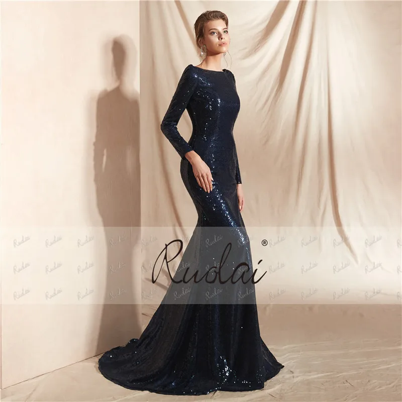 Dark Navy Mermaid Evening Dress Long Sleeves Sequin Evening Gown Open Back Evening Party Dress Robe de Soiree SN18