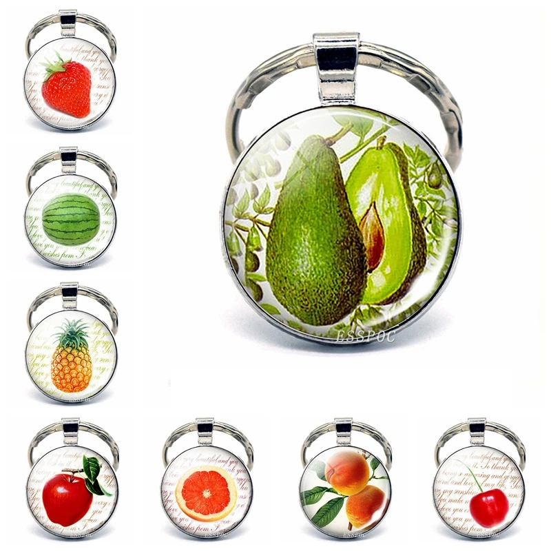 

Cute Fruit Keychain Avocado Picture Glass Cabochon Keychain, Strawberry, Watermelon, Apple, Peach, Pineapple Jewelry Lovers Gift