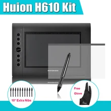 Neueste Huion H610 Grafiken Zeichnung Digitale Tablet Kit + Parblo Zwei-Finger Handschuh + 10 Extra Stiftspitzen + Schutzfolie