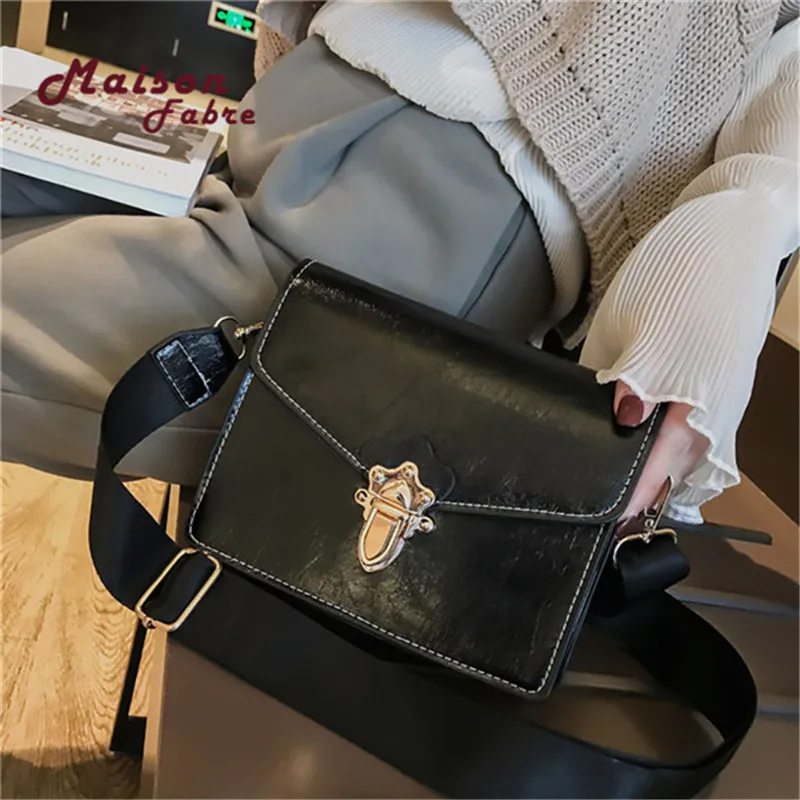 

Retro Handbags Messenger Bag For Woman Fashion Wide Shoulder Strap Square Bag Brand Leather Luxury Handbag 2019 bolsas