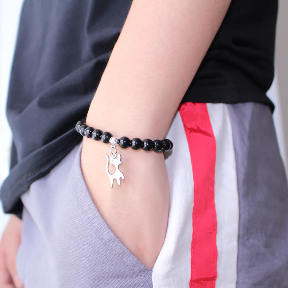 

8mm vintage elegant cats obsidian beads couple lovers bracelet men women's bracelet
