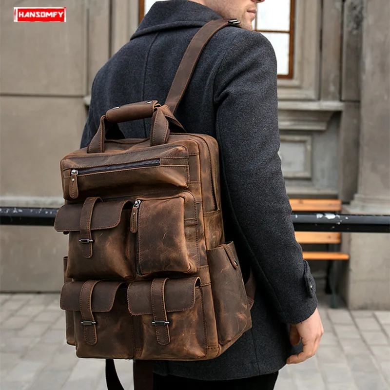 Retro crazy horse lederen heren rugzak grote capaciteit 15.6 inch laptop schoudertas eerste laag lederen mannelijke rugzak Retro crazy horse lederen heren rugzak grote capaciteit 15.6 inch laptop schoudertas eerste laag lederen mannelijke rugzak