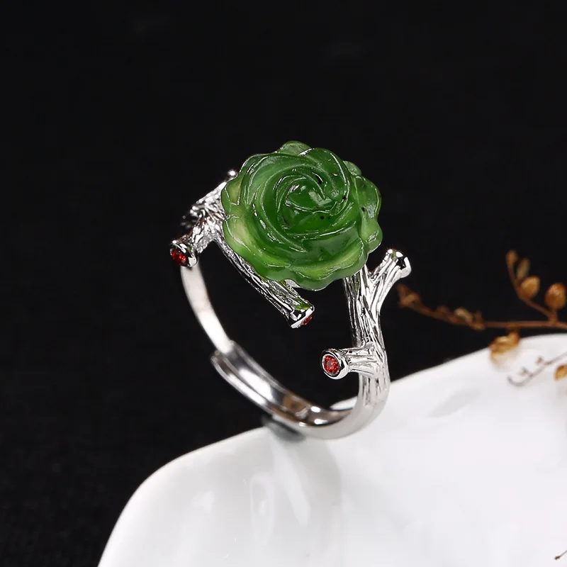 

2018 Fashion Silver S925 Sterling Silver Natural Field Jade Jasper Rose Roses Open Loop Simple Ring Ring Wholesale
