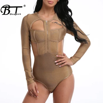 

Beateen 2018New Fashion Long Sleeve Zipper Cut Out Strap Sexy Bandage Bodysuit Hollow Out