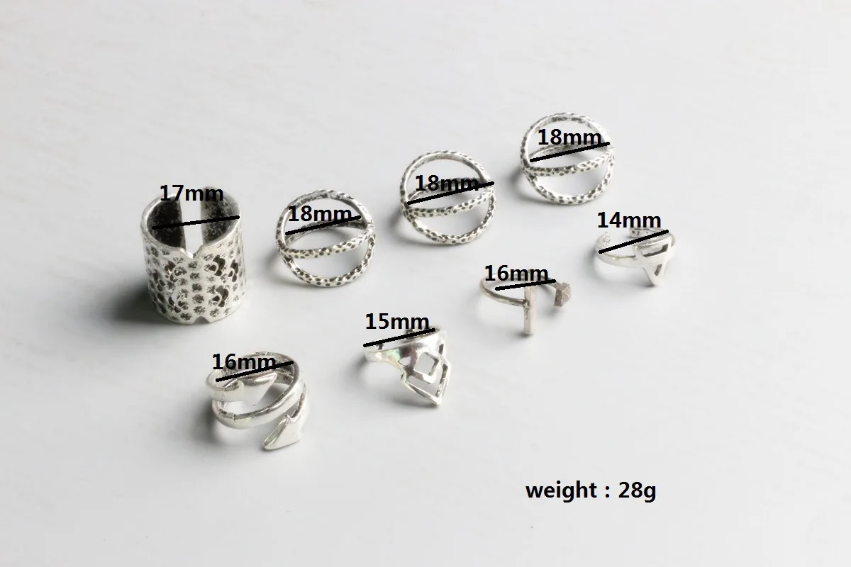1Lot=8Pcs Vintage Antique Silver Color Ring Women Big Arrow Cylinder Bohemian Rings Set Hand Boho Finger Jewelry