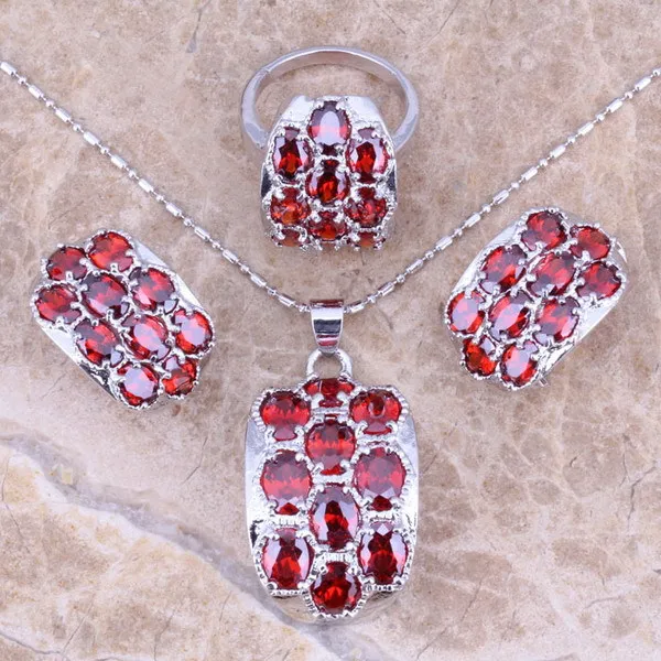

Red Garnet Silver Jewelry Sets Earrings Pendant Ring For Women Size 5 / 6 / 7 / 8 / 9 / 10 S0011