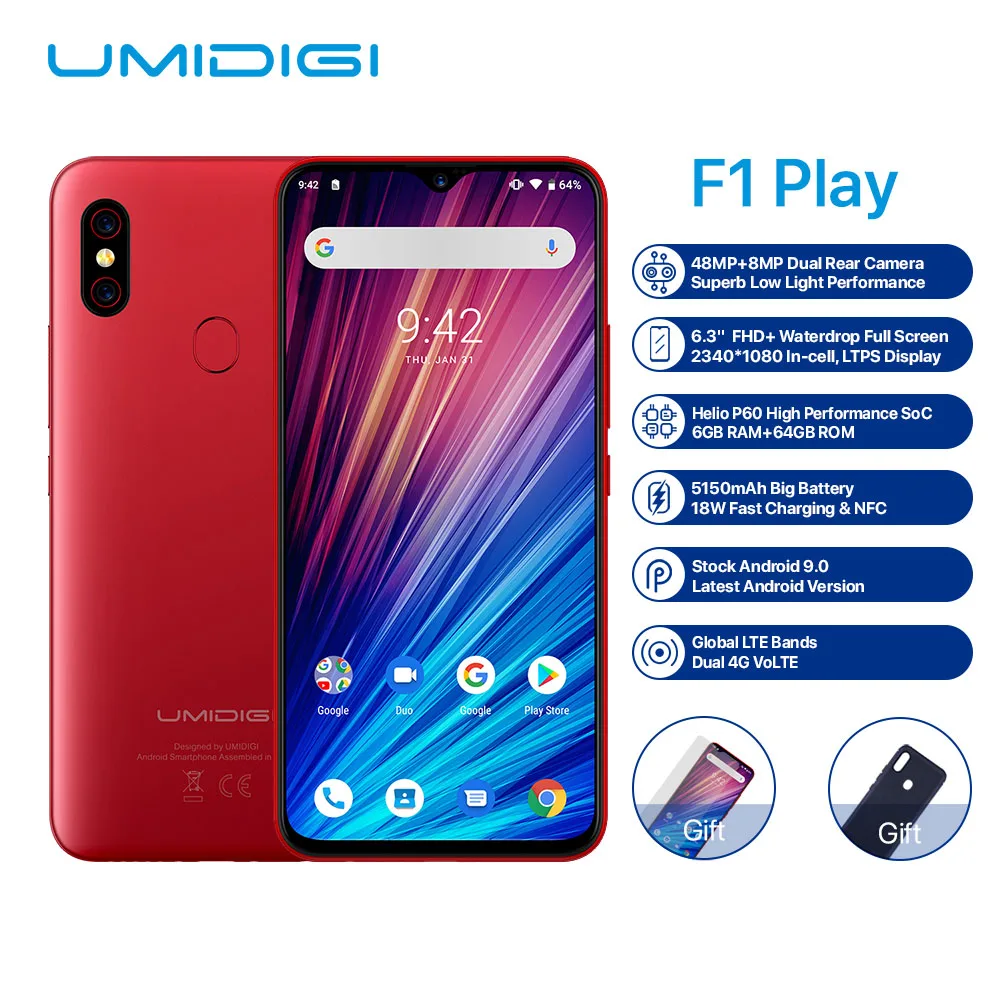 UMIDIGI F1 Play 6.3inch FHD+ 6GB+64GB 48MP Android 9.0 Helio P60 Octa Core 5150mAh 18W OTG NFC 4G Unlocked Smartphone
