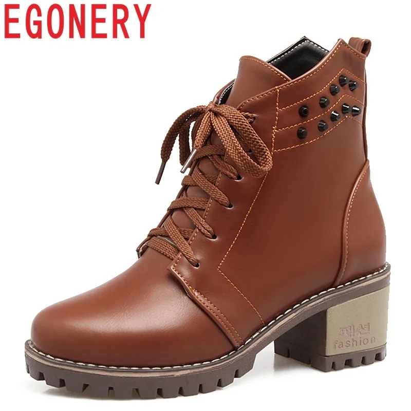 

EGONERY 2018 new concise casual round toe high square heel platform cross-tied lace-up women shoes winter plush warm ankle boots