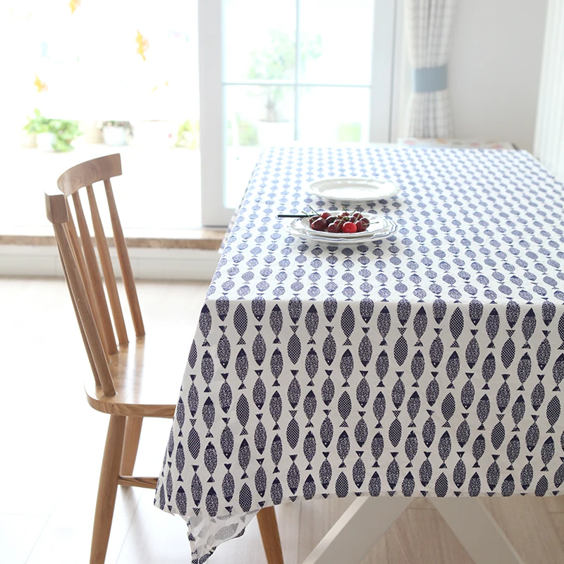 

Minimalist blue fish print tablecloths in various sizes