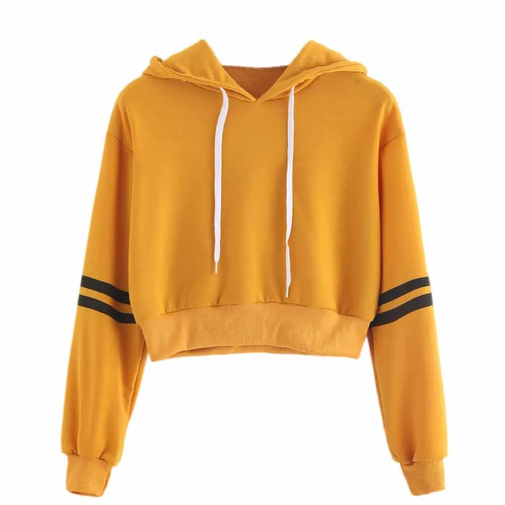 

Hoodies For Women Striped Love Yellow Sweatshirts Crop Top women Long sleeve Casual cropped Hoodie Pullover Sweat femme #Ger