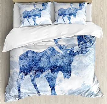 

Moose Duvet Cover Set Blue Pattern Pine Needles Spruce Tree with Antlers Deer Family Snow Winter Horns 4 Piece Bedding Set