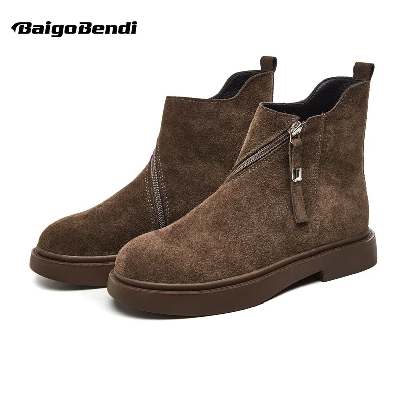 

Woman Cow Suede Leather Ankle Boots Retro Round Toe Girls Motorcycle Boots Flat Heel Martin Boots Casual Winter Shoes