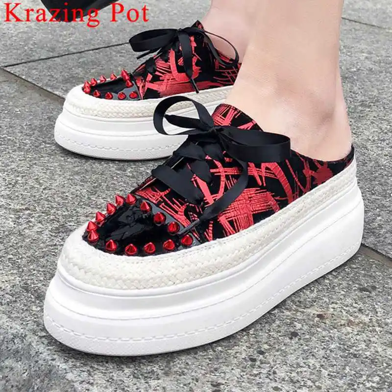 

Brand mixed colors natural leather round toe flat platform slip on mules bowtie women sneakers high bottom vulcanized shoes L10