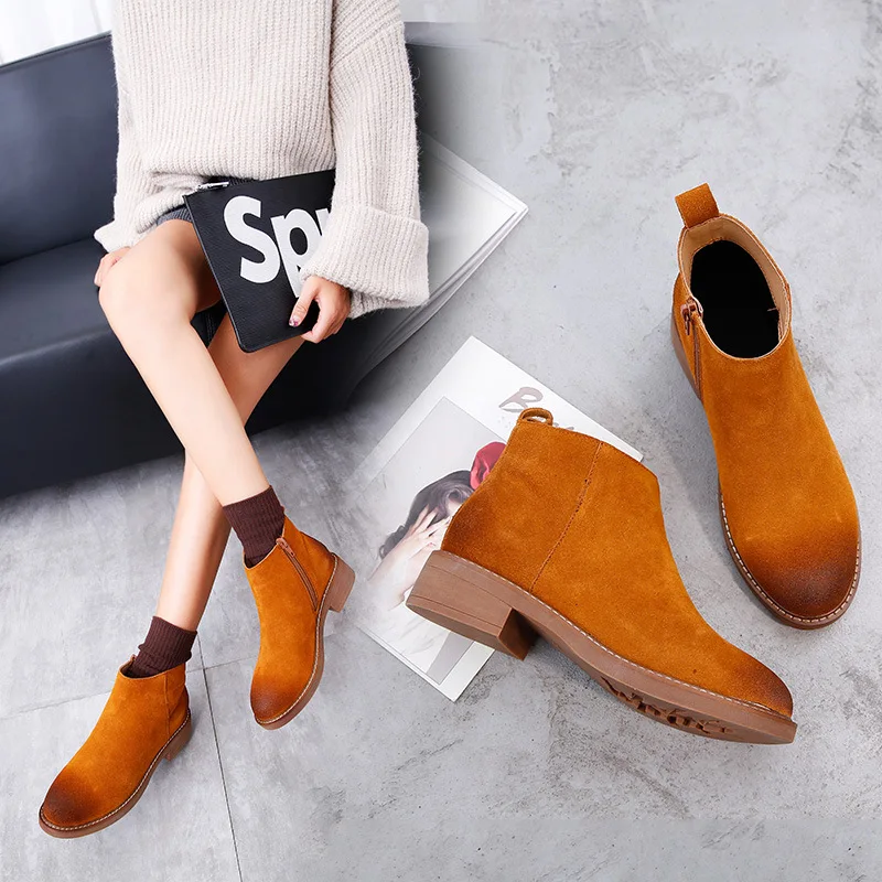 

Retro Ankle Flock Basic Boots Women Pointed Toe Sewing Solid Martin Boots Low Square Heel Zip Casual Winter Shoes Plus Size