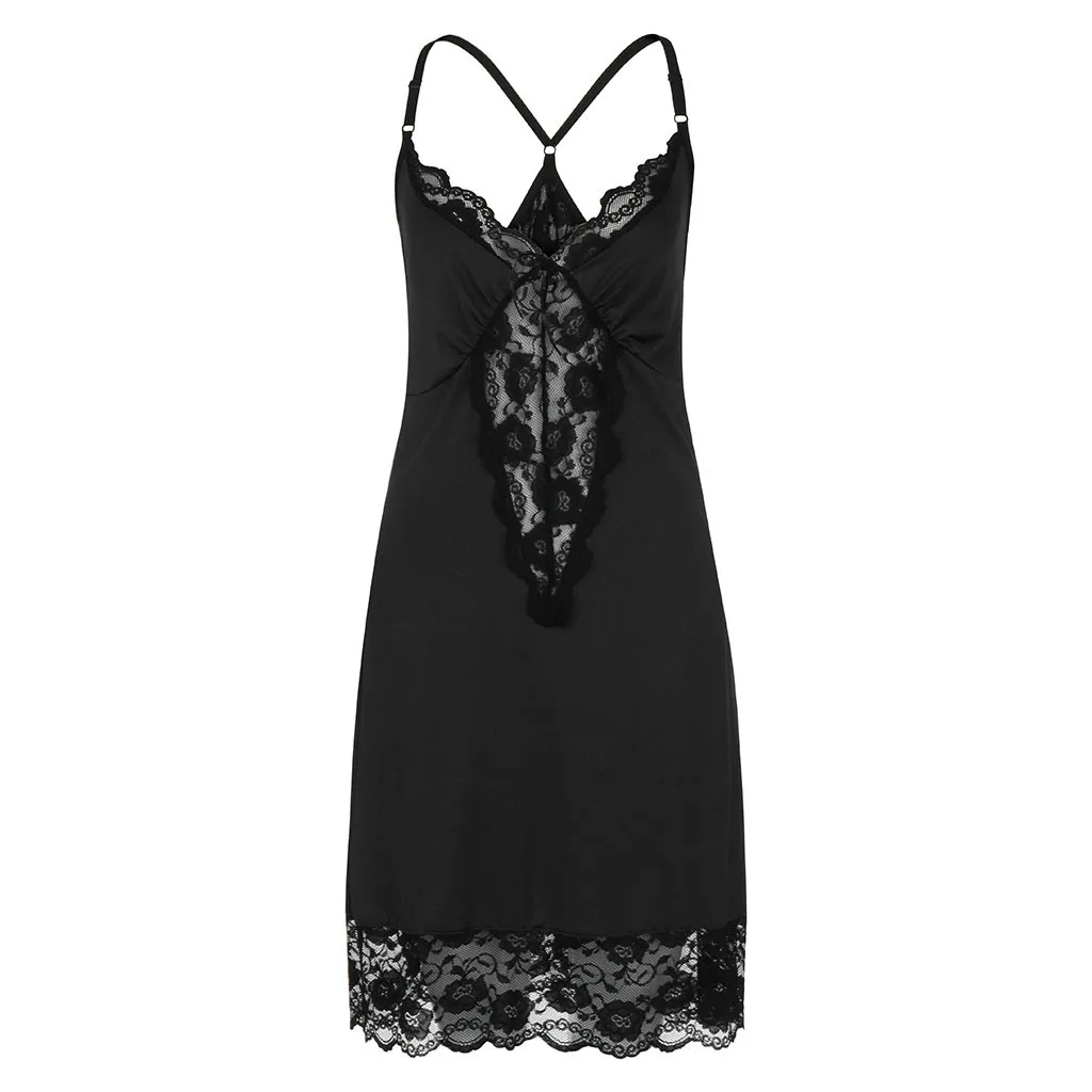 Мода женщин размера плюс v-образным вырезом кружева выдалбливают пижамы мини платье Nuisette Femme De Nuit ночная юбка подарок для девушки - Цвет: black