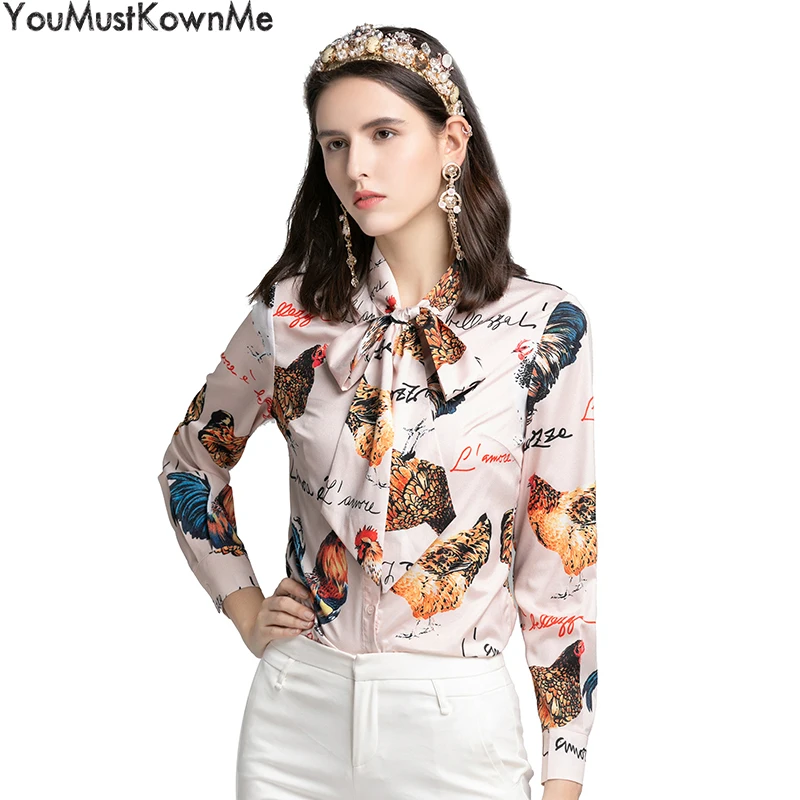 2022 summer animal print blouses fashion woman blouses plus size 3XL rooster print tops and shirts long sleeve bow tie office