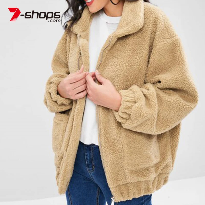 Beste Aecu Vrouwen Lange Mouwen Rits Pluche Jas Vrouwelijke Pocket Jas Winter Kleding Oversized Jas Uitloper Jas Voor Vrouwen