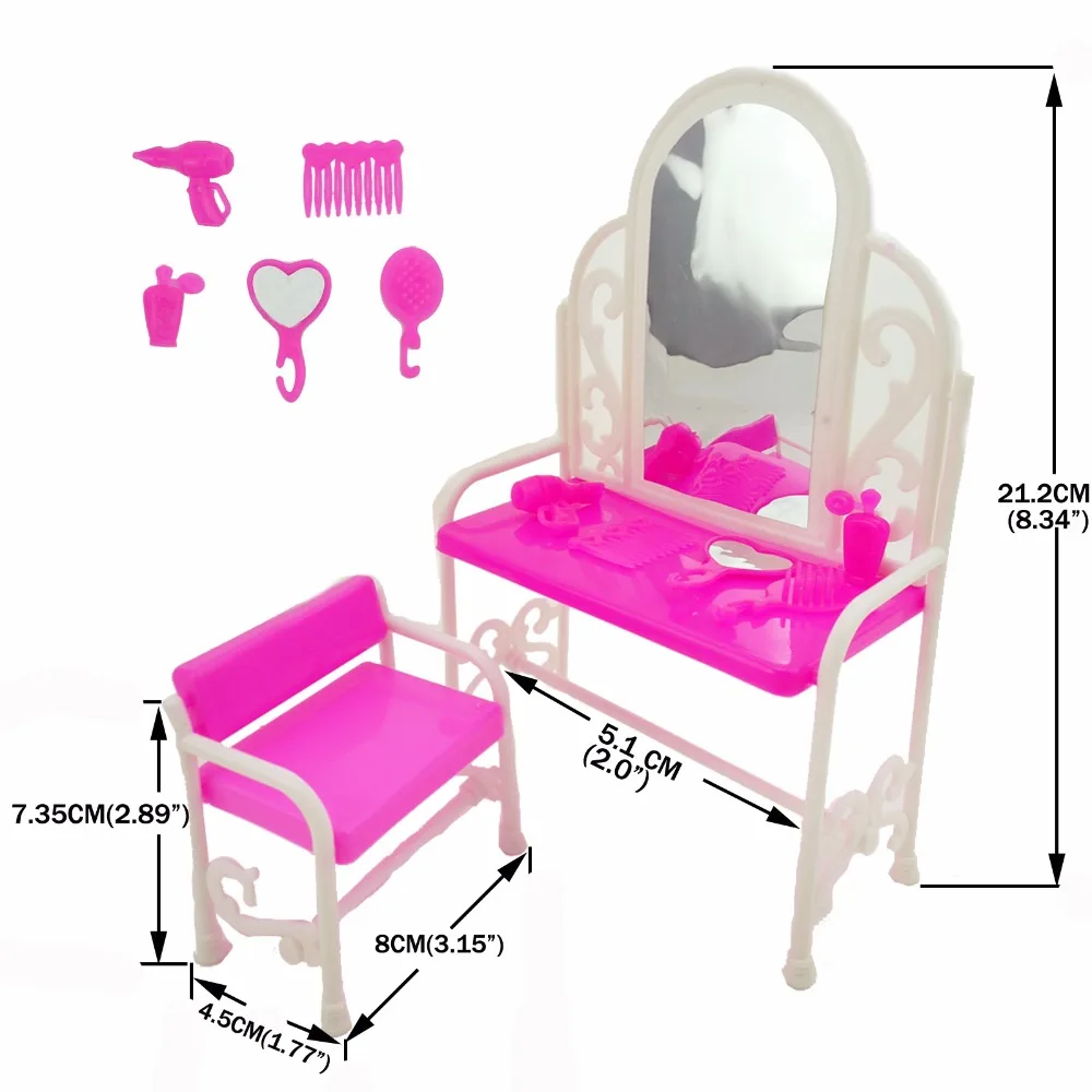 7 Pcs / Set Plastic Classical Dresser Table Chair House Bedroom Mirror Comb Furniture for Barbie Doll Accessories Baby Toys