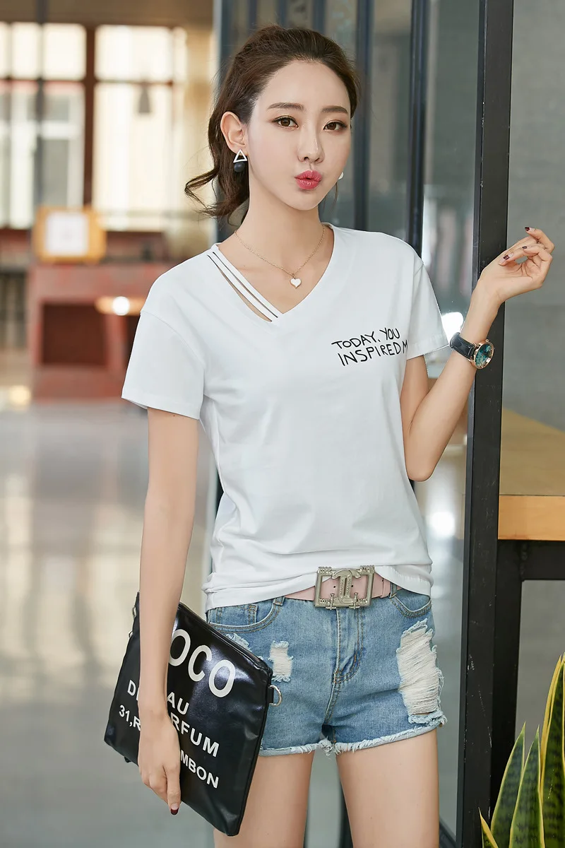 Женская футболка с буквенным принтом размера плюс, летние топы, хлопковая Футболка с асимметричным v-образным вырезом, Женская Повседневная футболка