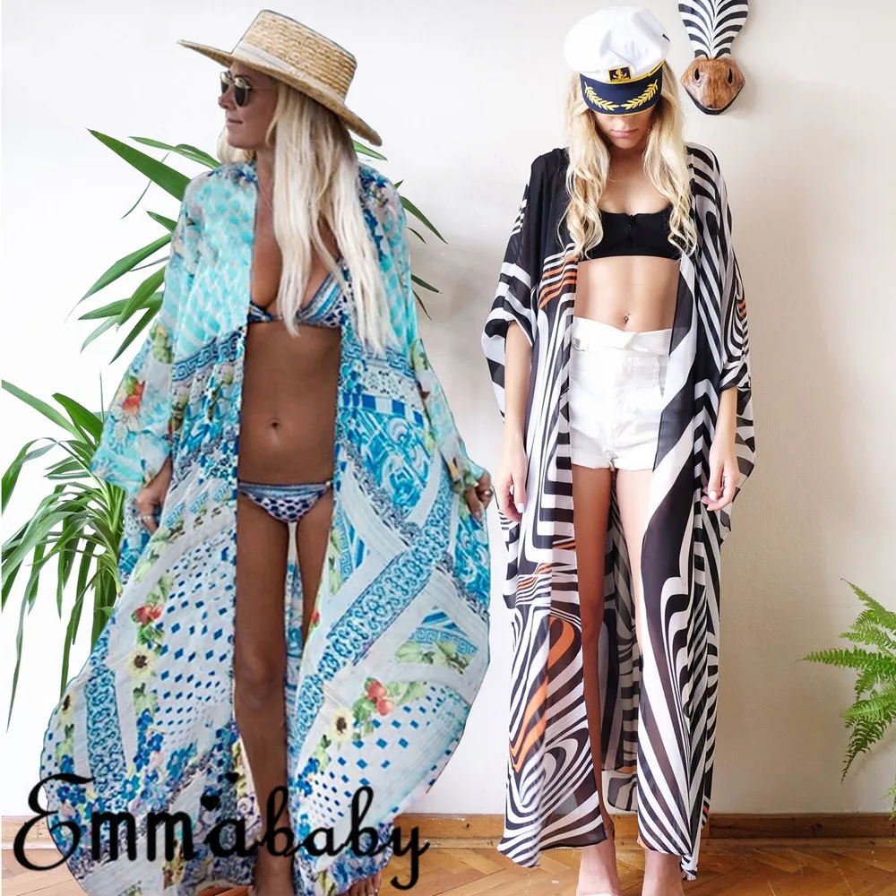 Meihuida Women Chiffon Cover-Ups Zebra Striped Ladies Beach Shawl Casual Bathing Suit Cardigan Long Sleeve Girl Floral Cover Up 3 piece swimsuit with cover up