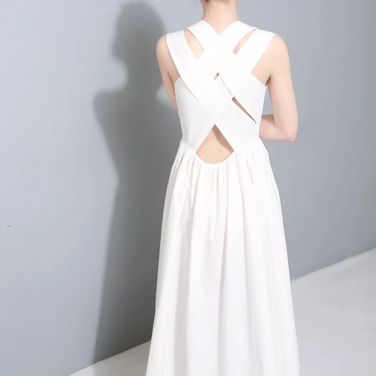 

New Design Summer Women Sleeveless Dress Cross Sexy Hollow Out Back Woman Vest Dresses Knee-length Elegant Female Dress