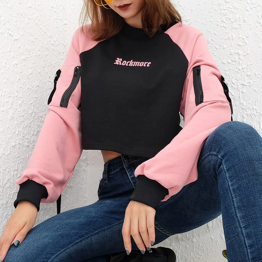 

feitong Women Crop Sweatshirt Hoodie Tops 2019 Casual Letters Print Long Sleeve Patchwork O-Neck Streetwear Sweatshirt Polerones