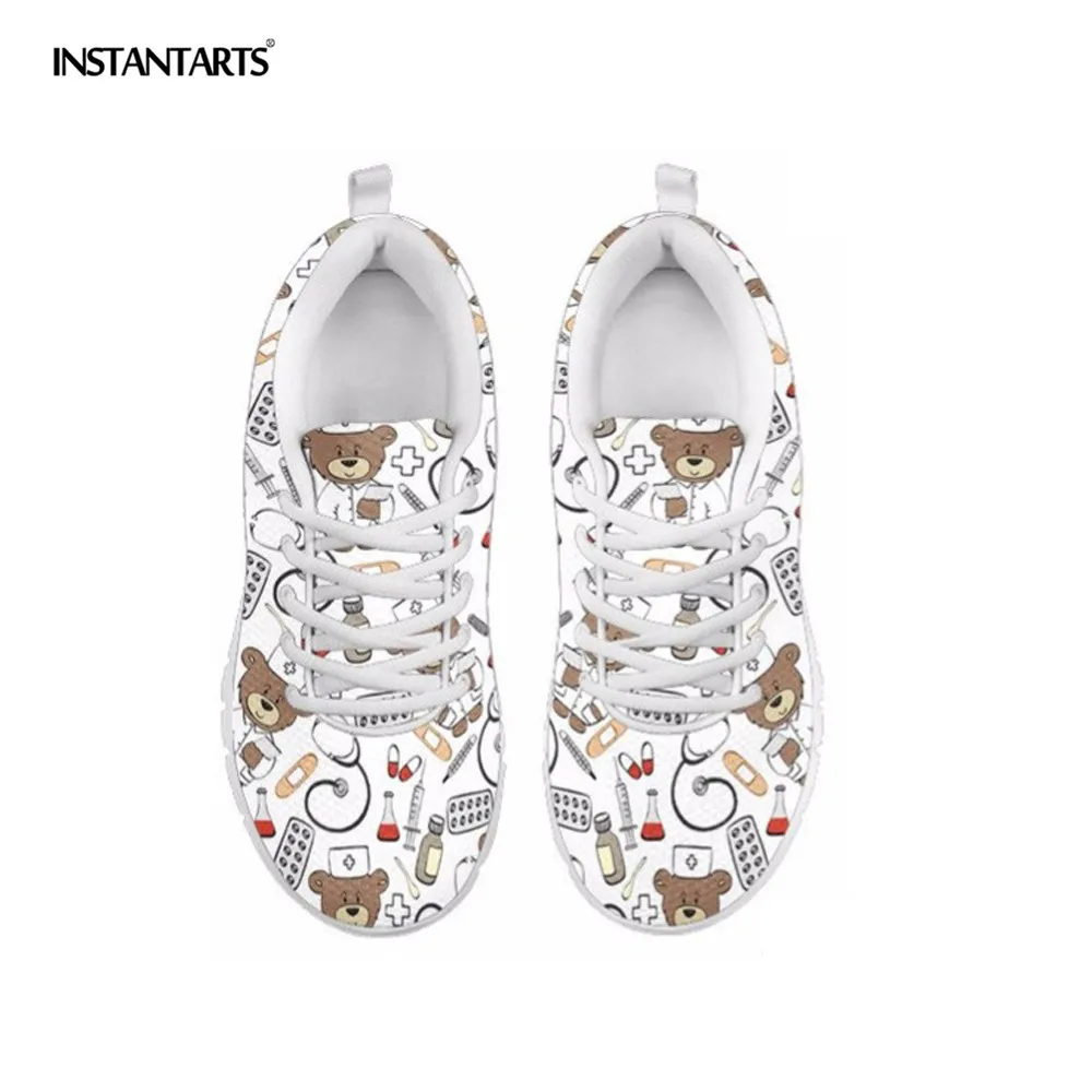 

INSTANTARTS Bear Nurse Sneakers White Casual Flat Shoes Women Cute Flats Air Mesh Breathable Comfort Walking Tenis Sport Shoes