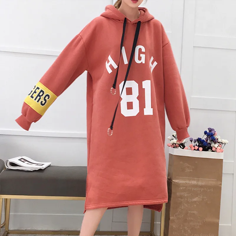 

New Arrival Women Autumn Winter Fashion Long Over Knee Style Loose Orange Hoodie Coat TSD-004