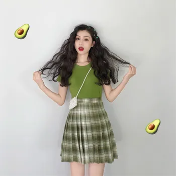

Summer 2019 New Korean Avocado Green Female Short-sleeved T-shirt + Plaid Zipper Skirt 2 Piece Sets Womens Outfits