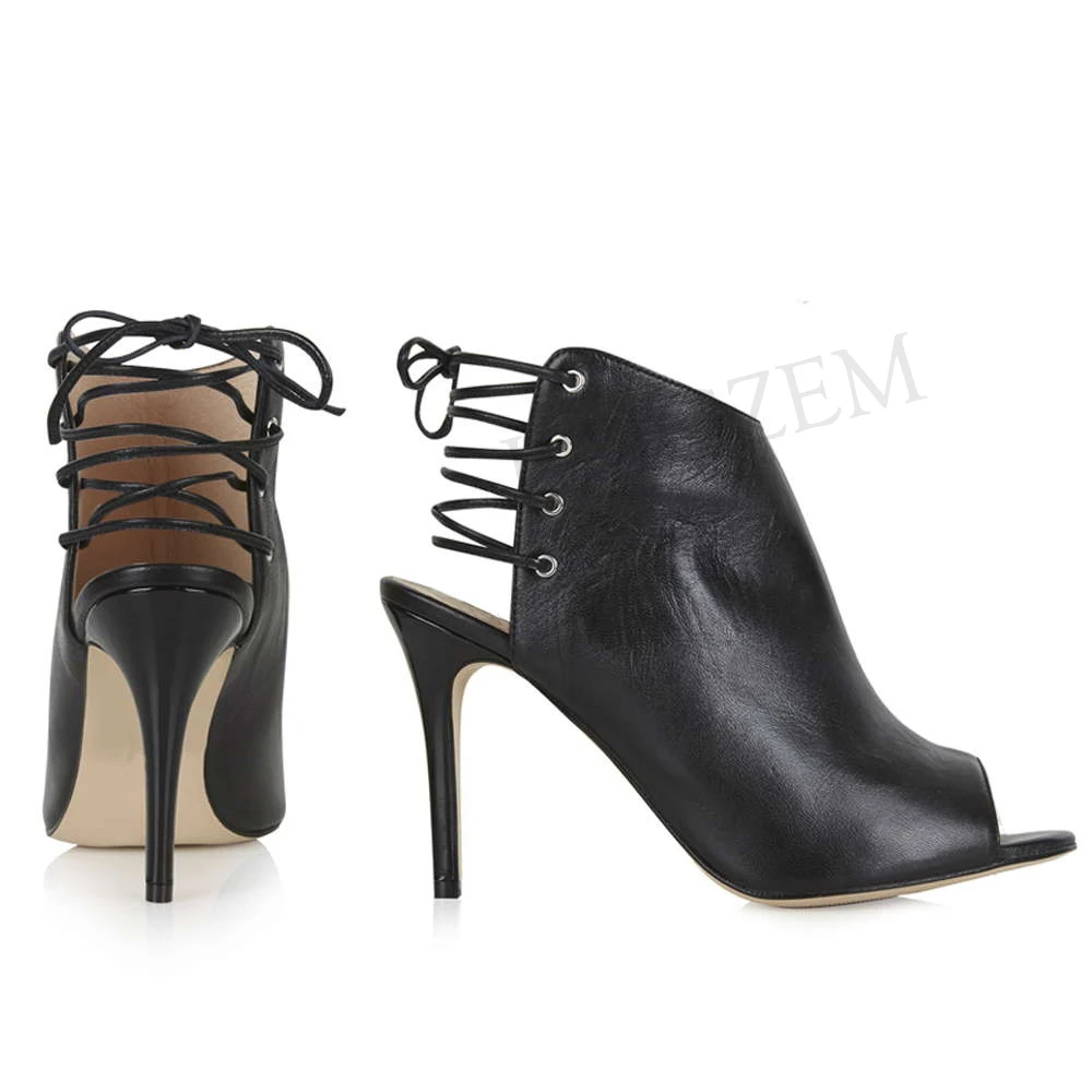 LAIGZEM Women Summer Booties Faux Leather Ankle Booties Stiletto Peep Toe High Heel Shoes Woman Botines Mujer Large Size 34-52 (7)