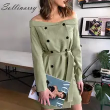 Sollinarry สีเขียวตรงชุดฤดูใบไม้ร่วงผู้หญิงแขนยาว OL ชุดฤดูหนาวผู้หญิงปิดไหล่ SASH Chic เซ็กซี่ Elegant(China)