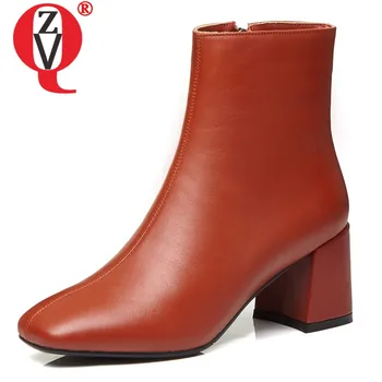 

ZVQ office shoes white collar work ankle boots iron red cow leather booties winter fashion 6cm high heels shoes drop shipping