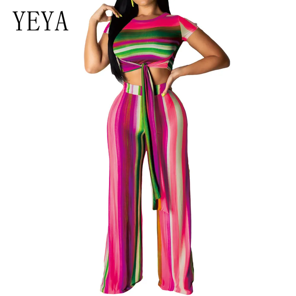 YEYA New Style Retro Striped Jumpsuits with Belt 2 Piece Sets O-neck Lace Up Top and Loose Pants Summer Casual Combinaison Femme YEYA New Style Retro Striped Jumpsuits with Belt 2 Piece Sets O-neck Lace Up Top and Loose Pants Summer Casual Combinaison Femme