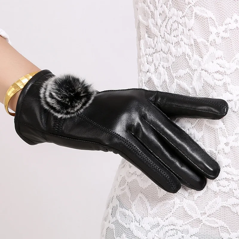 Genuine Leather Gloves Sheepskin Women's Autumn and Winter Plus Velvet