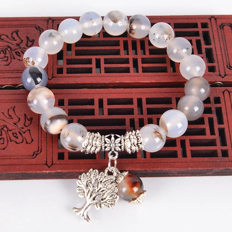 

6MM 8MM 10MM Chakra Natural Stone Black Veins Agates Bracelets Tree of Life Bracelet Mala Beads Reiki Healing Meditation Bangle