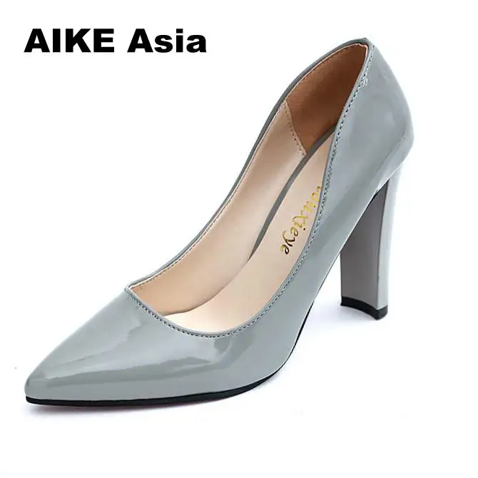 

2018 Women Pumps Spring Ladies Shoes Square High Heel PU Patent leather Pointed Toe Woman Wedding Shoes Super High 10cm