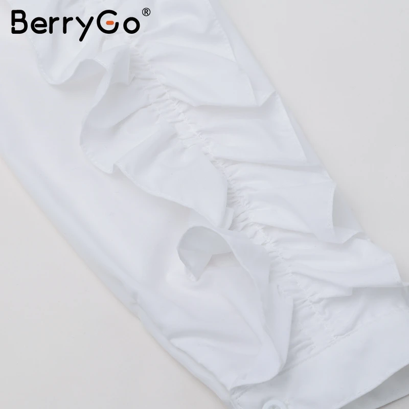 Berrygo оборками Длинные рукава белая блузка Женская Весенняя Кнопка V шеи офис