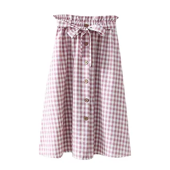

KLV Spring Summer Skirts Womens plaid Midi Knee Length Korean Elegant Button High Waist Skirt Female Pleated School Skirt 5.8A