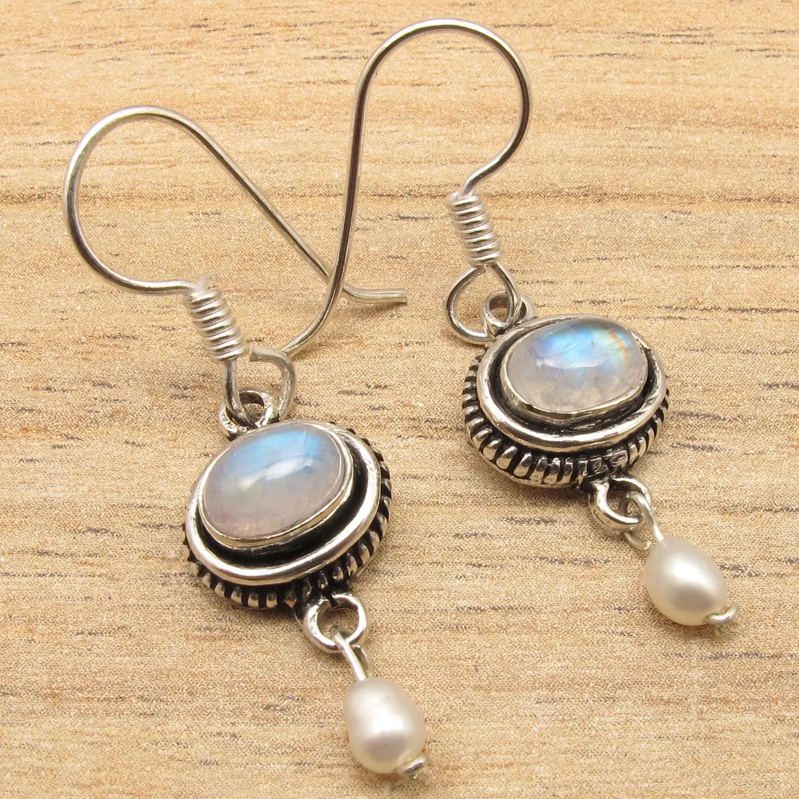 Real RAINBOW MOONSTONE Gems & PEARL Beads Chandelier Earrings, Silver