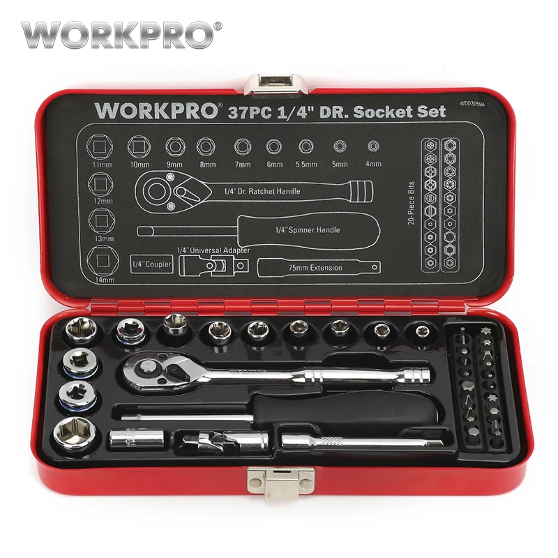 WORKPRO 37PC 1/" Набор инструментов для ремонта дома металлический ящик динамометрический ключ с храповым механизмом