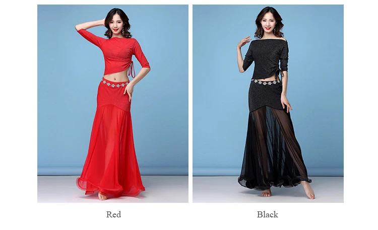 New Fashion Women Belly Dance Clothing Stretchy Shinny Fabric Off Shoulder Ruffles Maxi Long Skirts Bellydance Costume Set 2pcs