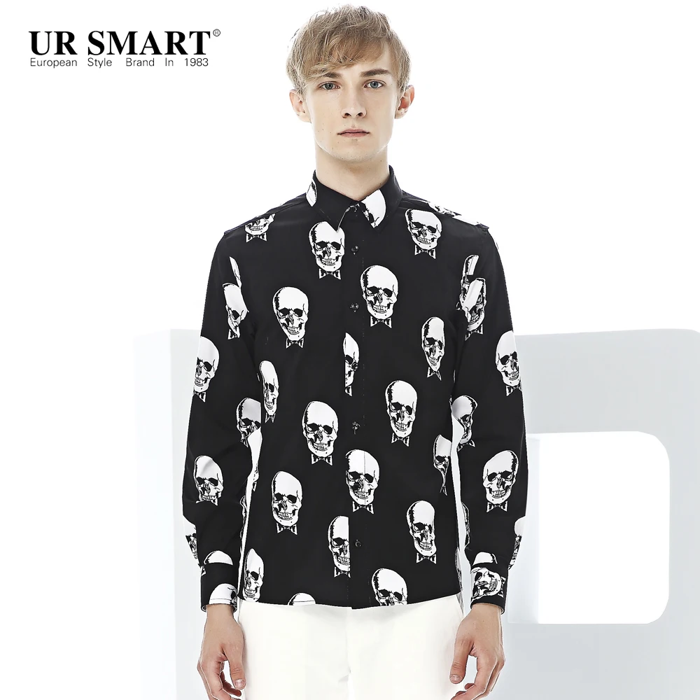 URSMART long sleeved shirt black male skulls print man han edition